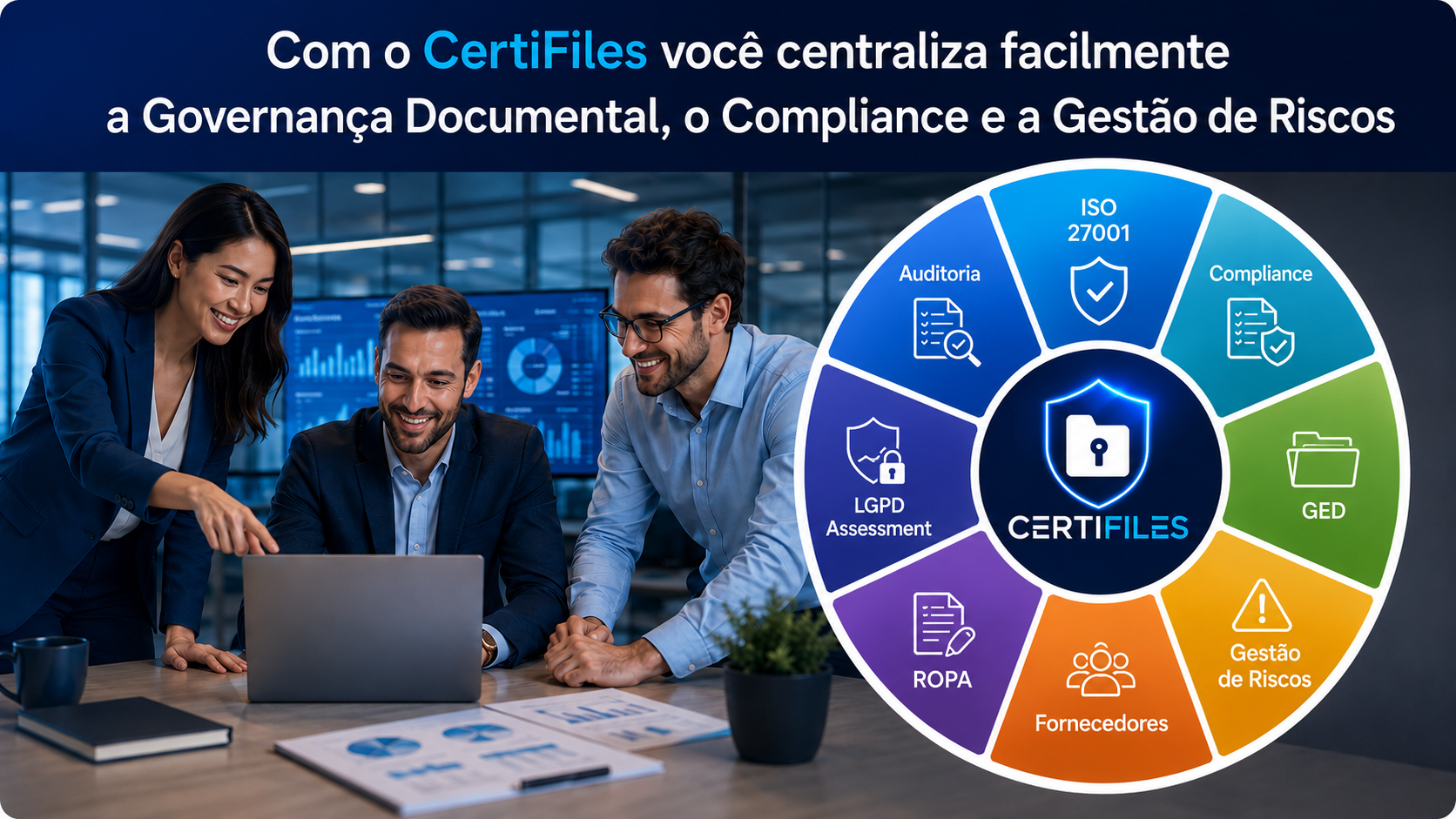 Visão integrada das soluções CertiFiles para governança documental, compliance e gestão de riscos